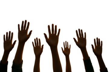 Multiple human hands raised in silhouette style, isolated on white background. Concept of unity, social issues, and volunteering. Ai generative