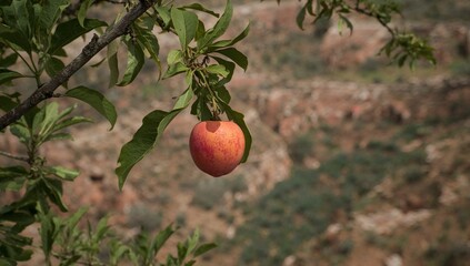 A vibrant peach hangs from a branch, showcasing a beautiful outdoor setting.