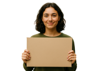 Woman holds empty cardboard sign in hands, isolated, white background, clean layout concept for message, protest or social issues. Ai generative