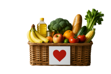 Food donation basket with fruits, vegetables, canned goods, and bread in closeup style, isolated on white background, concept of social support. Ai generative