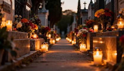 candlelit cemetery pathway with flowers during sunset creating a serene and reflective atmosphere