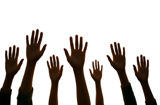 Multiple human hands raised in silhouette style, isolated on white background. Concept of unity, social issues, and volunteering. Ai generative