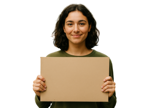 Woman holds empty cardboard sign in hands, isolated, white background, clean layout concept for message, protest or social issues. Ai generative