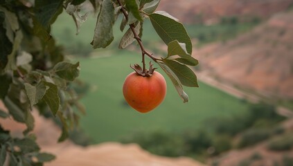 A single, vibrant orange persimmon hangs from a branch, framed by lush green foliage and a soft, out-of-focus landscape of rolling hills.
