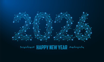 2026 New Year illustration made by points and lines, polygonal wireframe mesh on dark blue background. Low poly greeting card. Vector.