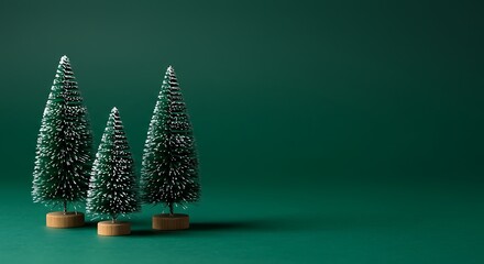 Three miniature Christmas trees with snow-like texture on a green background