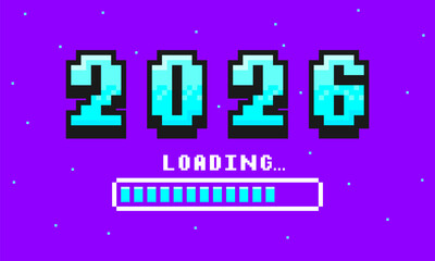 2026 pixel art banner for New Year. 2026 numbers in 8-bit retro games style and loading bar. Pixelated happy New Year and Merry Christmas holiday card or banner. Vector.