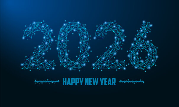 2026 New Year illustration made by points and lines, polygonal wireframe mesh on dark blue background. Low poly greeting card. Vector.