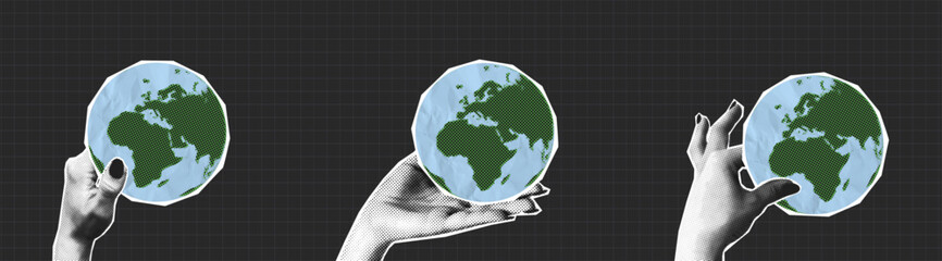 Collage halftone hands holding Earth globe. People give paper halftone World globe in hand. Collage design. Vector.