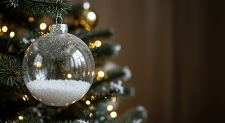 festive christmas tree with clear glass ornament and warm lights in cozy home setting