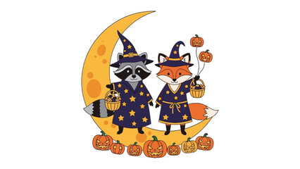 Halloween Companions: An enchanting illustration features a raccoon and a fox dressed in whimsical wizard attire, playfully perched upon a crescent moon, surrounded by an array of festive pumpkins. 