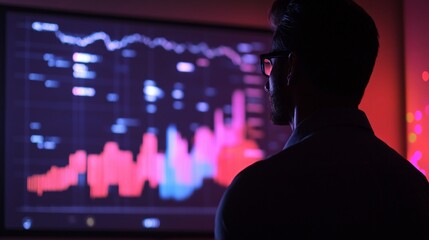 Man analyzes stock market data on glowing screen in dim, futuristic office