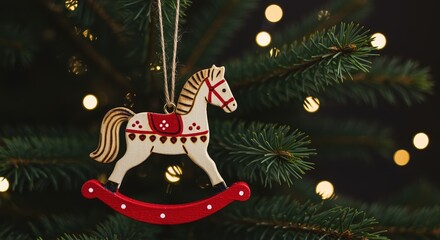 wooden rocking horse ornament hanging on christmas tree with warm festive lights