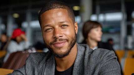 A man with a beard and a smile is sitting in a chair. He is wearing a gray jacket and a black shirt