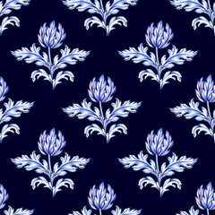 A beautiful seamless pattern of stylized floral arrangements with blue and white hand-drawn flowers against a dark navy background. Elegant design is perfect for wallpapers, textiles,  luxurious decor