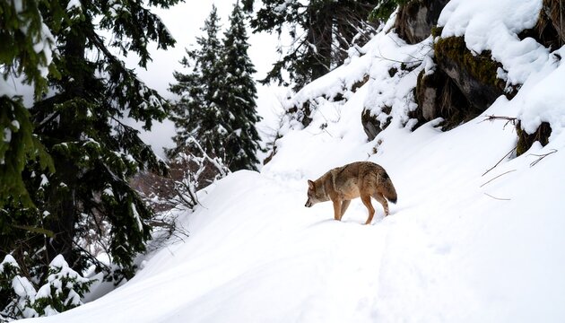 Coyote in a snowy mountain forest