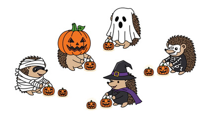 Hedgehog Halloween Delight: A charming illustration showcasing a gathering of adorable hedgehogs in Halloween costumes, each bearing a tiny jack-o'-lantern, perfect for spooky festive scenes.