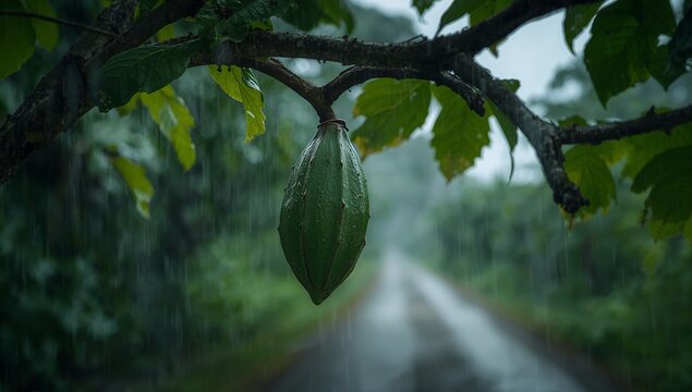 A vibrant green cacao pod hangs from a branch, bathed in the rain, amidst a lush, tropical setting.
