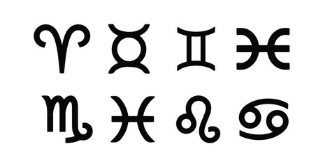 Set of eight zodiac sign icons — black and white vector symbols for astrology, horoscope, celestial identity, mysticism, and personality traits 
