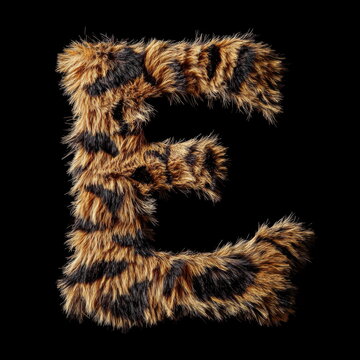 The letter "E" is made of tiger fur, against a black background