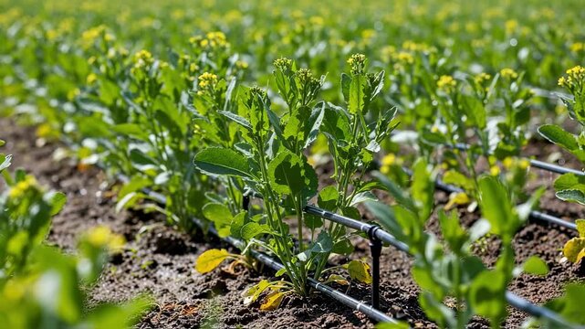 Medium shot of camelina plants thriving with drip irrigation system delivering precise water amounts for efficient growth and conservation