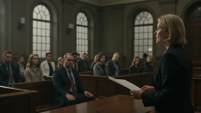 Lawyer presenting case in courtroom with attentive audience