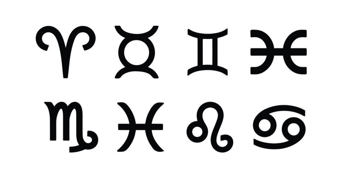 Set of eight zodiac sign icons — black and white vector symbols for astrology, horoscope, celestial identity, mysticism, and personality traits 