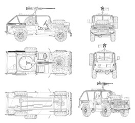 Detailed blueprint of a military jeep featuring a mounted gun, presented as a clean wireframe diagram on a white background. © German Ovchinnikov