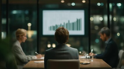 team of financial advisors brainstorming under large screen with rising charts and green arrows future planning faint murmurs marker squeaks on glass three quarter wide angle cine