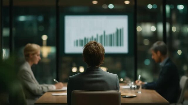 team of financial advisors brainstorming under large screen with rising charts and green arrows future planning faint murmurs marker squeaks on glass three quarter wide angle cine