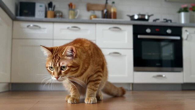 Domestic Feline with Ginger-Colored Fur Observing its Environment from Kitchen Setting