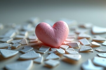A soft pink heart stands alone amidst scattered shards of white, symbolizing love's resilience and the beauty found in brokenness. The gentle light enhances its warmth and charm