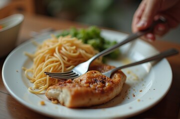 A warm meal is enjoyed as a hand reaches for grilled chicken, accompanied by spaghetti and vibrant greens, showcasing a delightful dining experience