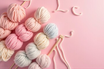 The scene captures an array of pastel yarn balls arranged artfully against a pink backdrop. Knitting needles rest beside the yarn, inviting creativity and relaxation