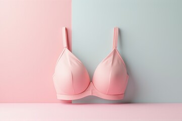A beautiful pink bra is displayed on a sleek surface split between soft pink and light blue. This elegant arrangement highlights the freshness and contemporary design of the lingerie