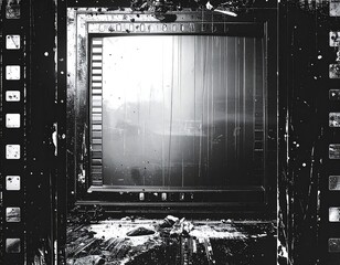 Damaged vintage TV screen, film strip background