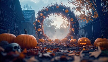 Surreal ring-shaped mystical portal surrounded by pumpkins, glowing brightly in haunted village, representing magical Halloween tradition with eerie supernatural vibe.