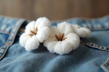 Delicate white cotton flowers lie on a textured blue denim surface, creating a serene contrast between the softness of nature and the ruggedness of fabric. A tranquil moment captured in time