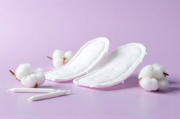 Soft pads and tampons are arranged on a pastel pink background, symbolizing the importance of feminine hygiene. Cotton balls nearby highlight comfort and care essentials for women's health