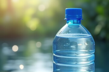 A blue-capped water bottle sits gracefully by the shimmering surface of a calm lake, reflecting the golden sunlight of early evening, surrounded by lush greenery