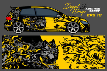 Car decal and wrap sticker with abstract wolf motif. Premium vector car sticker, black, yellow.