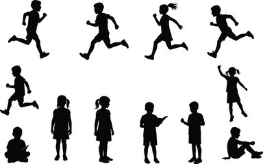 Silhouette of children running, reading, and sitting, boys and girls vector illustration, kids activity design for education and childhood graphics