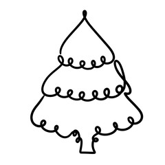 Christmas Tree Line Art, Hand Drawn Xmas Outline Illustration, Holiday Decoration Vector