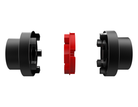 Exploded view of a flexible Jaw Coupling assembly (hubs and red elastomer spider). Essential mechanical component for motor power transmission. High resolution 3D rendering on a PNG Transparent HD