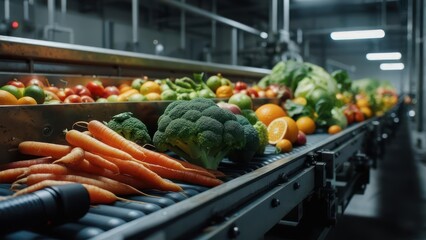 Vibrant Harvest of Fresh Vegetables and Fruits on an Industrial Conveyor Line