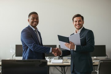 Two coworkers finalize project handshake in modern workspace with sunlight and city view