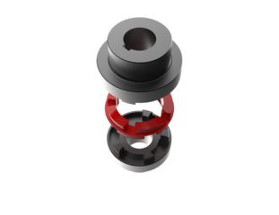 Exploded view of a flexible Jaw Coupling assembly (hubs and red elastomer spider). Essential mechanical component for motor power transmission. High resolution 3D rendering on a PNG Transparent HD