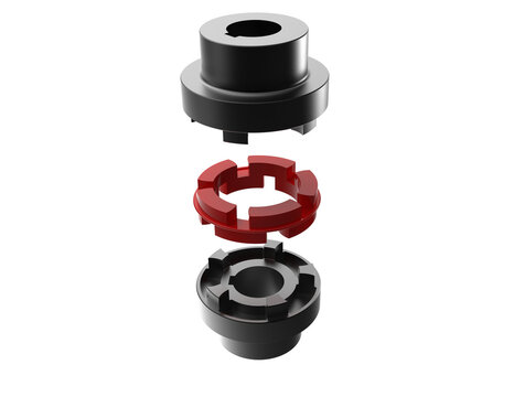 Precision Engineering Exploded: Flexible Jaw Coupling with Metallic Hubs and Red Elastomeric Spider. Crucial for Power Transmission, Vibration Control, and Smooth Rotation in Industrial Equipment.