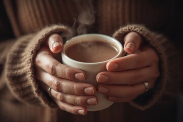 Close-up of gentle aged hands holding steaming cocoa under warm golden light