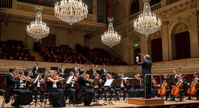 A grand orchestra performs in a richly decorated concert hall, illuminated by elaborate crystal chandeliers.